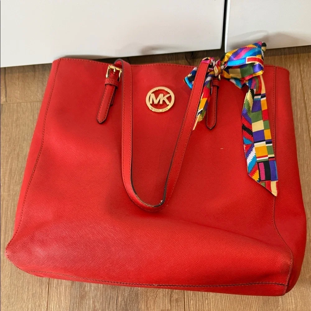 Michael Kors Red Orange tote Bag coated leather gold purse handbag MK designer